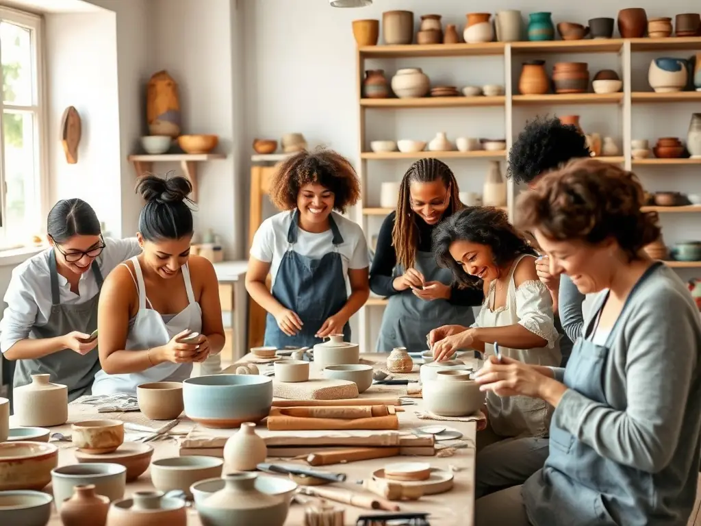 A photograph capturing a lively pottery class in session at MAISON JEUNES ET DE LA CULTURE, with participants of various ages shaping clay on spinning wheels, showcasing the center's commitment to hands-on artistic learning.