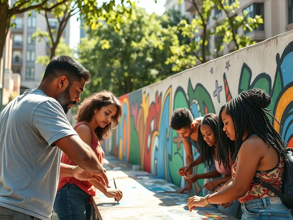 A group of diverse volunteers collaborating on a community project, smiling and engaged in a creative activity at MAISON JEUNES ET DE LA CULTURE.