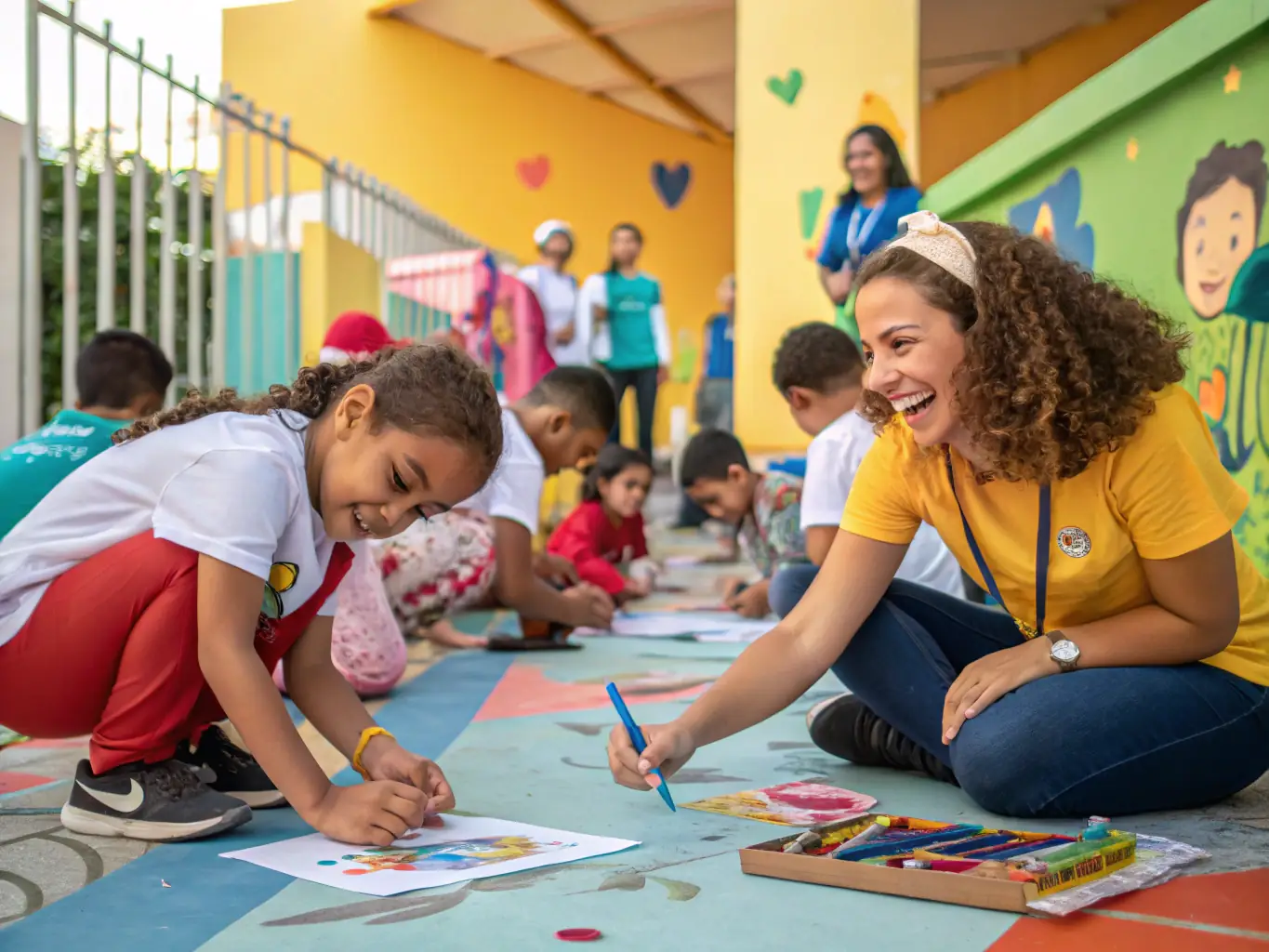 A photo of volunteers leading a workshop for children, teaching them art and crafts at MAISON JEUNES ET DE LA CULTURE.