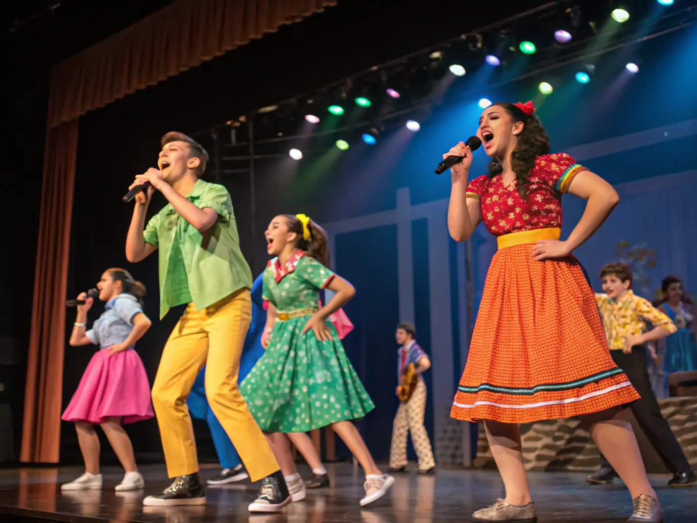 A vibrant image of children participating in a musical theater performance at MAISON JEUNES ET DE LA CULTURE, dressed in colorful costumes and singing on stage, highlighting the center's dedication to performing arts education.