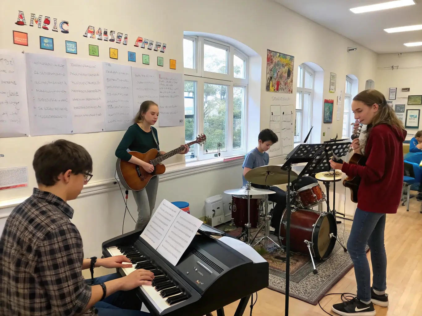 A photograph capturing teenagers learning to play musical instruments during a music class at the cultural center.