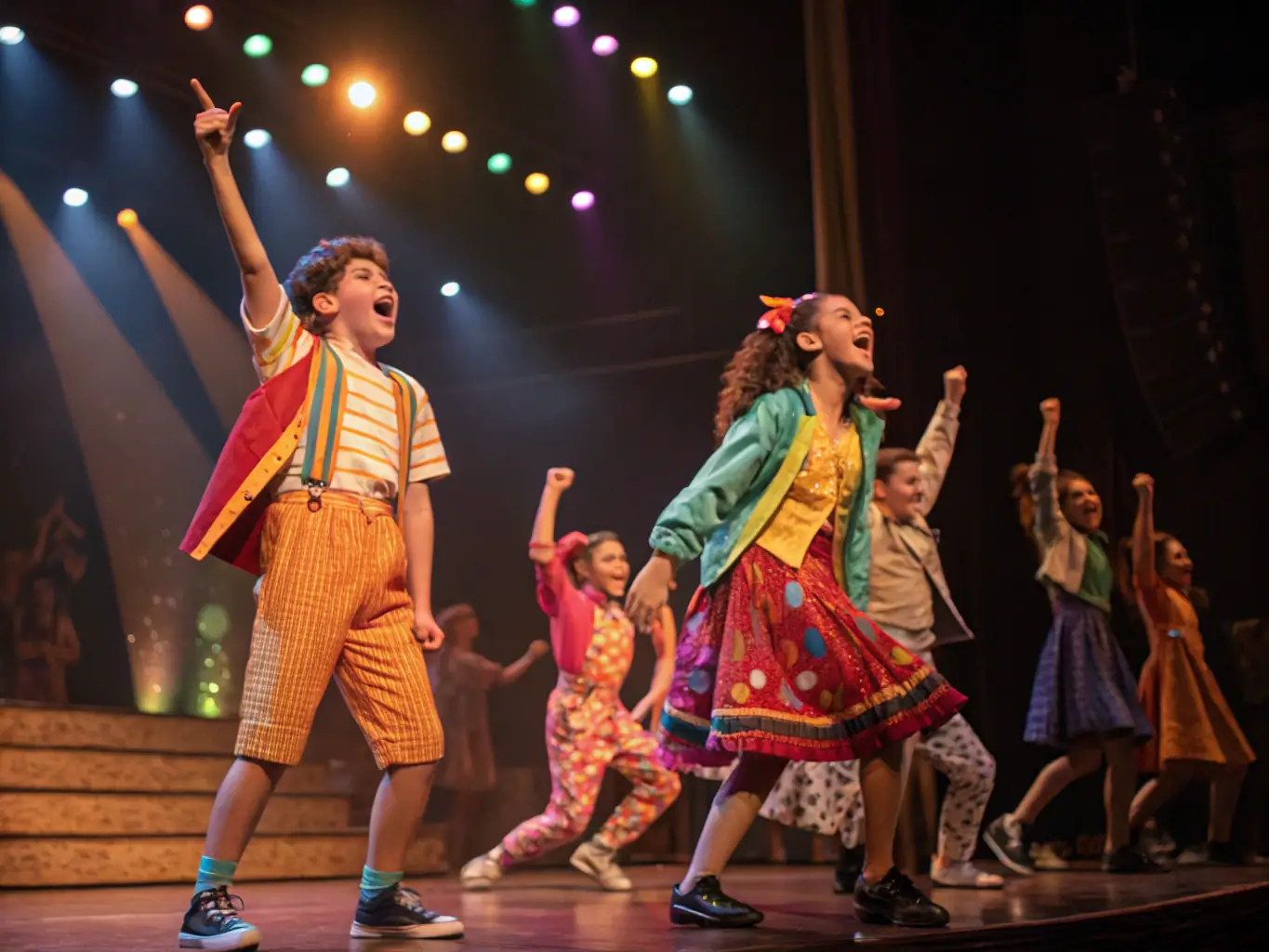 A dynamic image showing young adults participating in a community theater production, highlighting their teamwork and performance skills.