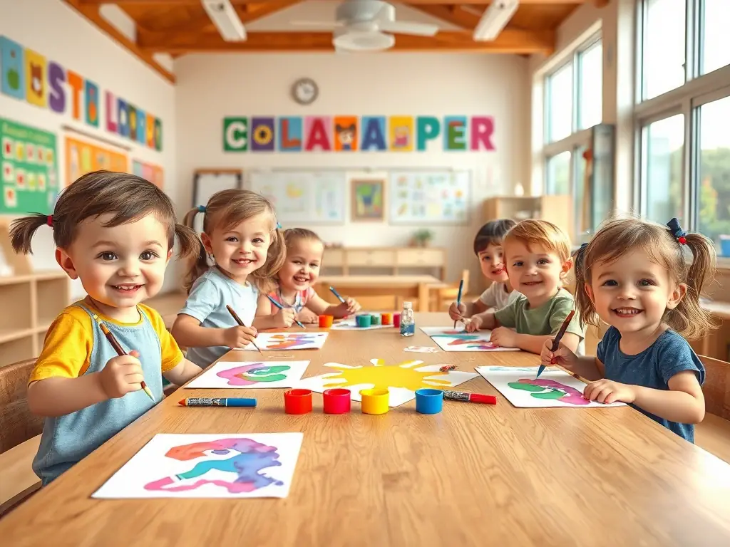 A vibrant image depicting children participating in a painting workshop at MAISON JEUNES ET DE LA CULTURE, showcasing their creativity and engagement.